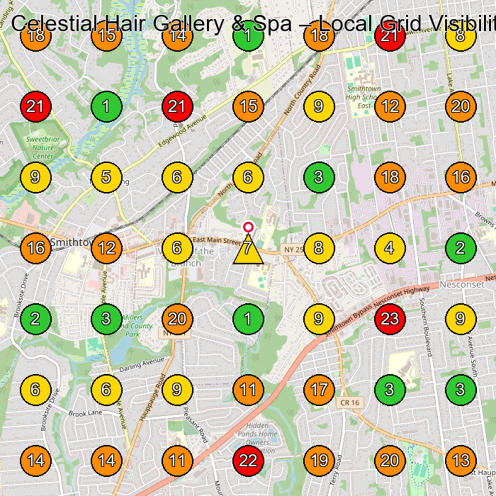 Celestial Hair Gallery & Spa Hair Salon GeoGrid ranking map for Smithtown NY